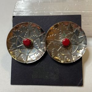 Southwestern Style Silver Circle Earrings with Coral Stone Pierced